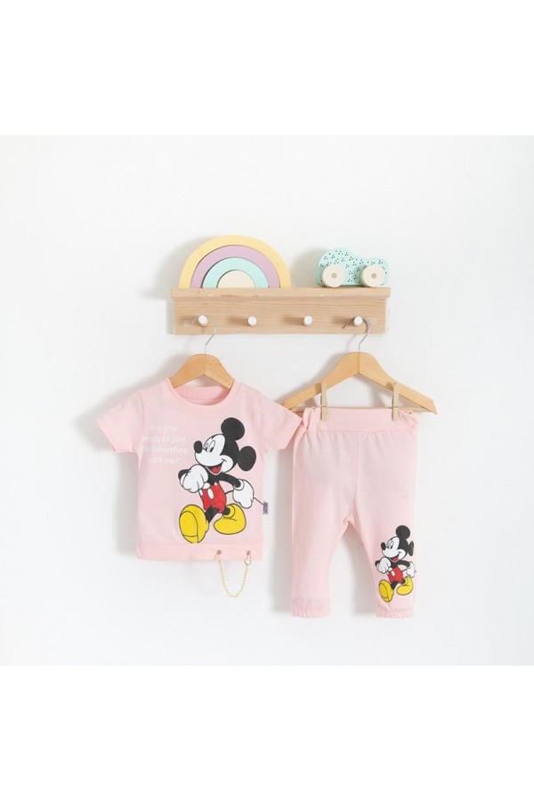 Mickey Baskılı Kız Bebek Takım Pamuklu Pembe Renk 